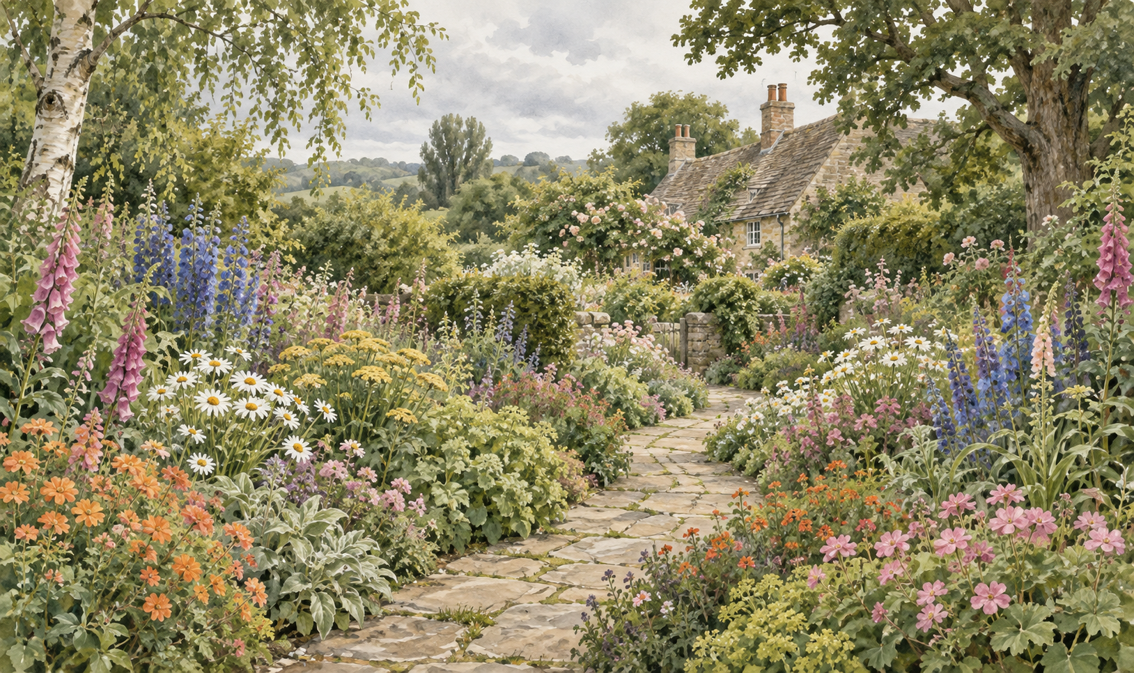 A watercolour of a wildlife-rich cottage garden path, flowering in summer.